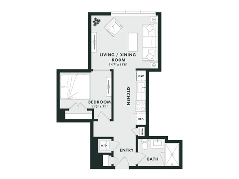 Floor plan for 1 bed, 1 bath, 598 sqft